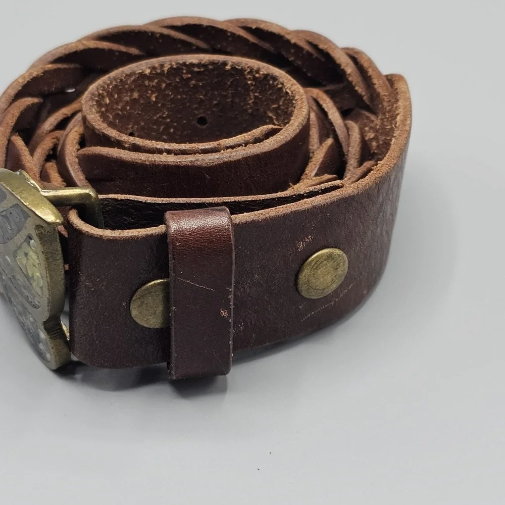 Vintage Lucky Brand Butterfly Inlay Buckle Braided Leather Belt Sz 34 Boho Y2K